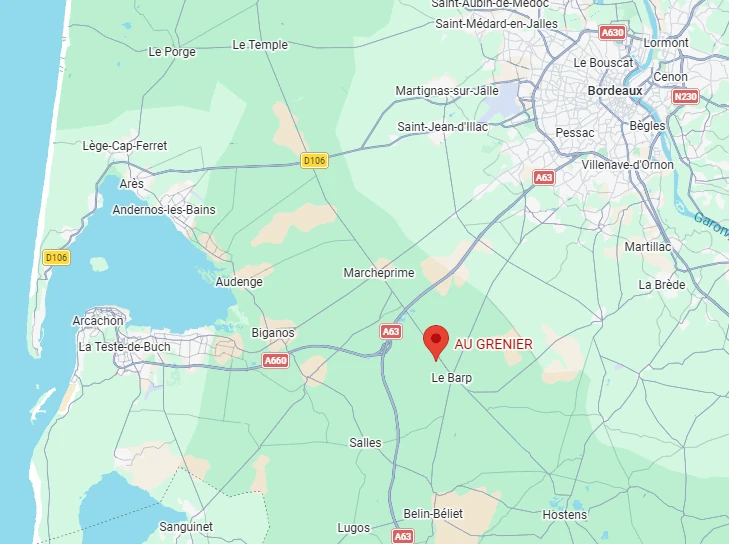 Plan : Au Grenier au Barp, près de l'A63 et de l'A660, entre Bordeaux et le Bassin d'Arcachon